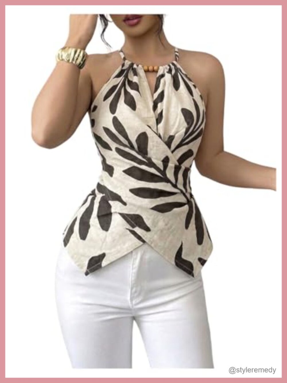 Women's Linen Boho Printed Cross Wrap Halter Neck Top Beaded Sleeveless